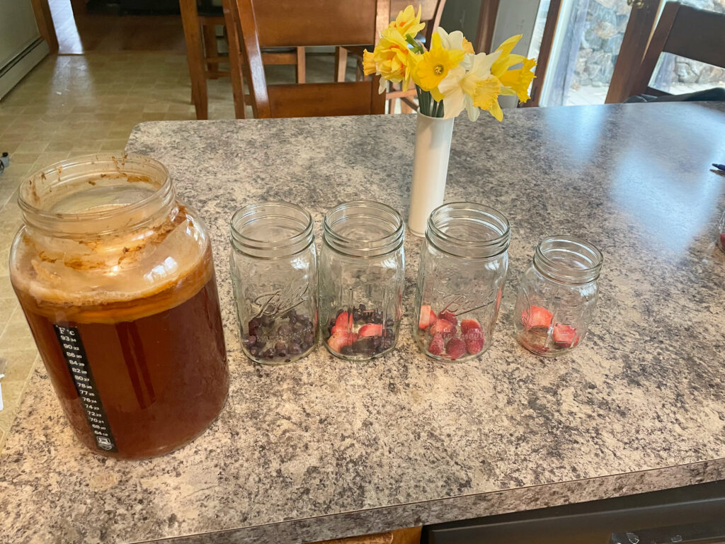 kombucha and empty jars with fruit