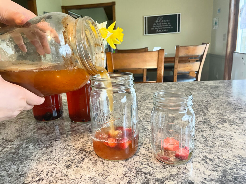 kombucha being poured into jars for second ferment