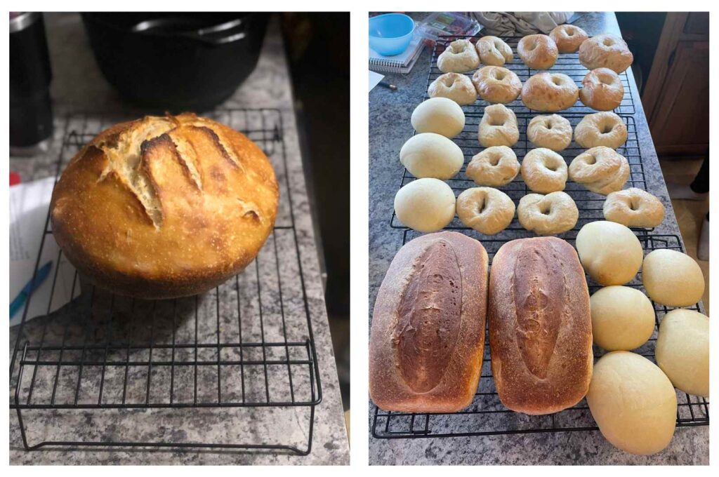 fresh baked bread and bagels on cooling racks